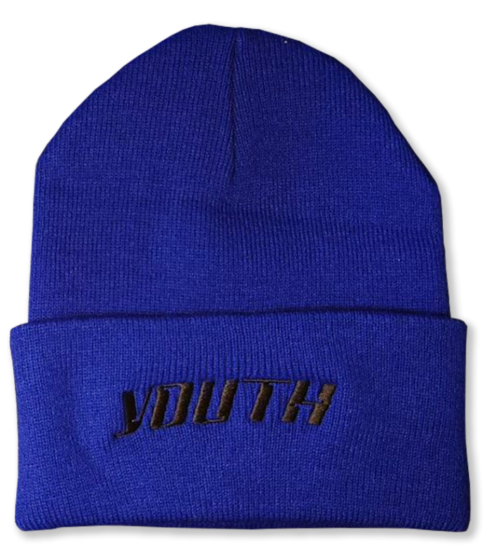 Blue Embroidered Knit Beanie