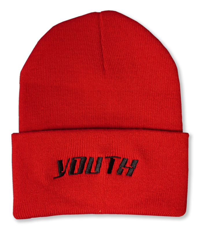 Red Embroidered Knit Beanie